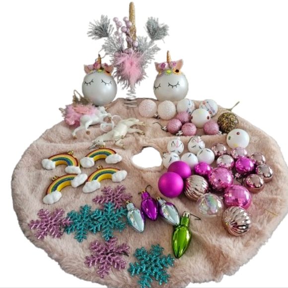 Unicorn Ornaments (set of 50) for Small Tree with Pink Furry Tree Skirt - Picture 1 of 9